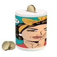 thumbnail image 1 of Vintage Woman Piggy Bank, Pop Art Comic Style Retro Woman Whispering and Winking Her Eye Illustration, Ceramic Coin Bank Money Box for Cash Saving, 3.6" X 3.2", Multicolor, by Ambesonne, 1 of 4