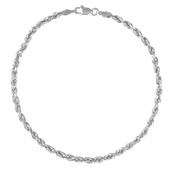 10K White Gold Diamond Cut Rope Chain Bracelet – Measures 7 Inches Length x 3mm Thickness