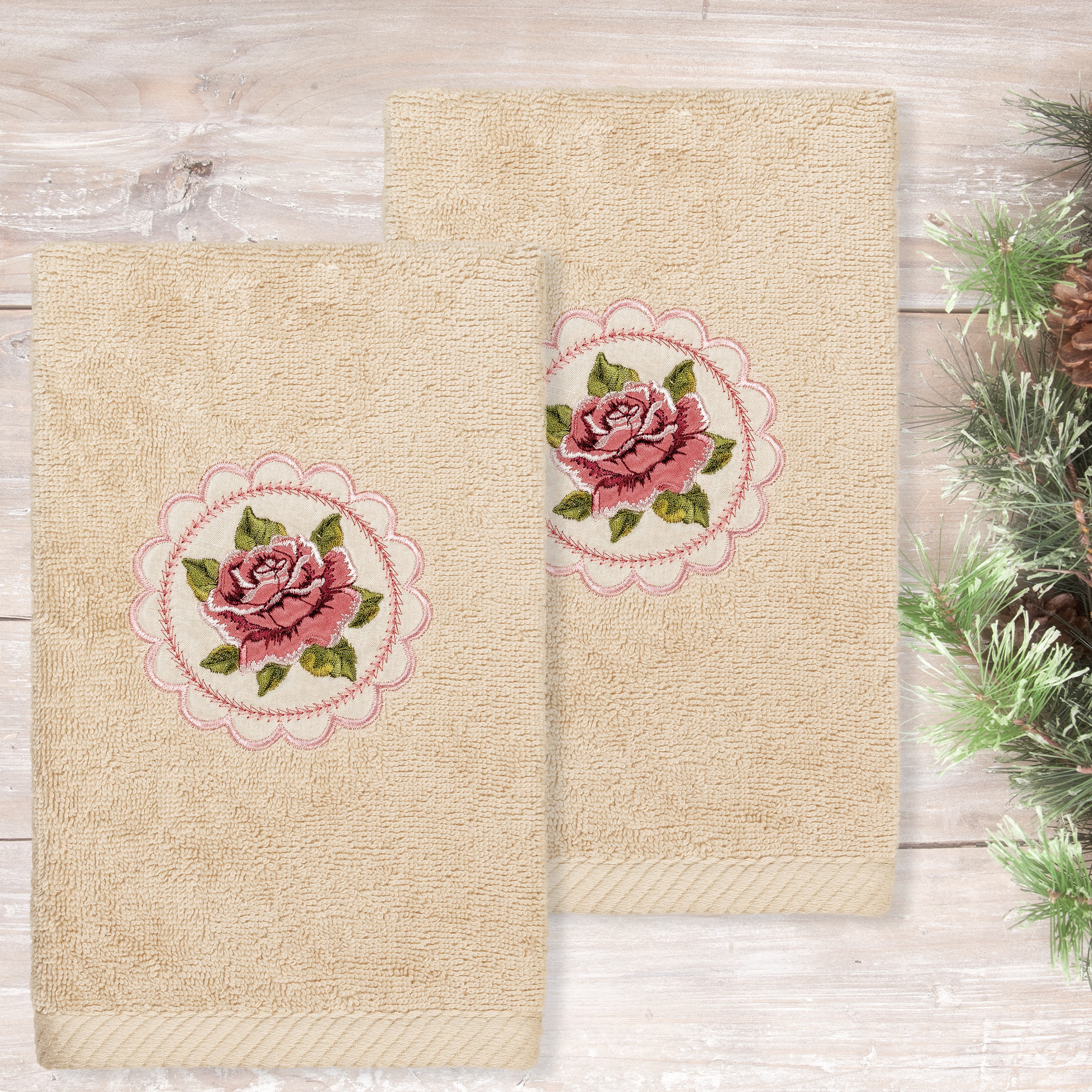 Linum Home Textiles 2 Pieces Embroidery Cotton Hand Towels, 16" x 30", Beige