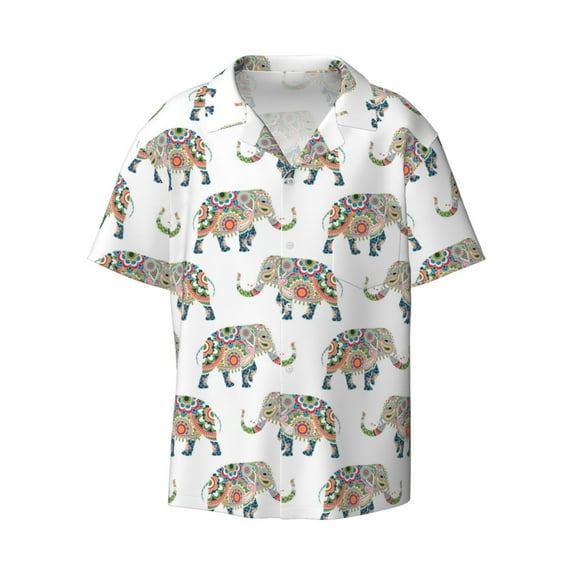 Ratiio Indian Elephant Print Mens Casual Short Sleeve Shirts Button Down Textured Shirts Summer Beach Shirt with Pocket Men's Casual Short-sleeved Shirt