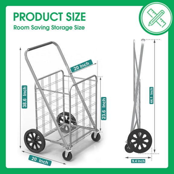Jumbo Shopping Cart with Liner and 360 °   Swivel Metal Wheels - Foldable Utility Grocery Cart for Laundry, Luggage and Home, Heavy Duty Portable Shopping Cart, Up to 220 lbs (Silver)
