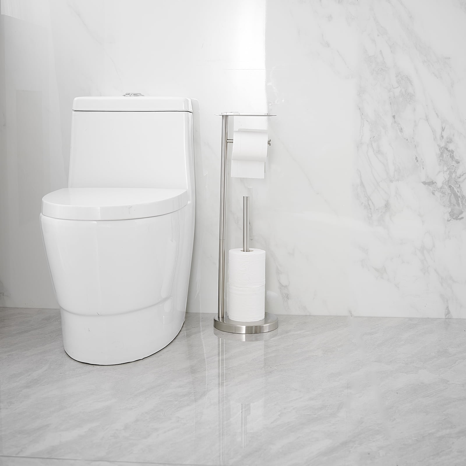 Round Free Standing Toilet Paper Holder with Top Storage Shelf in Brushed Nickel