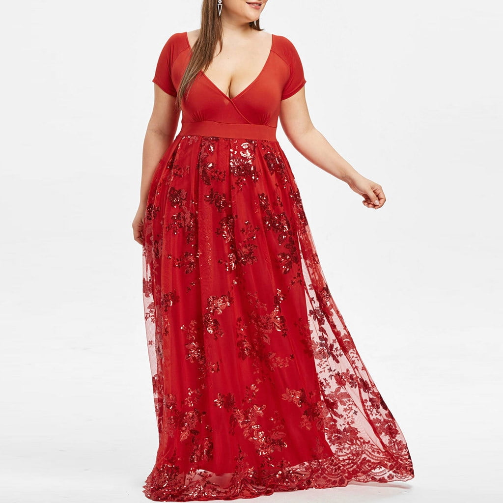 Iopqo Summer Dress Women Plus Size Short Sleeve Floral Sequined Evening Party Mesh Dress Short Sleeve Maxi Dress Scoop Neck Red, Women's, Size: 4XL