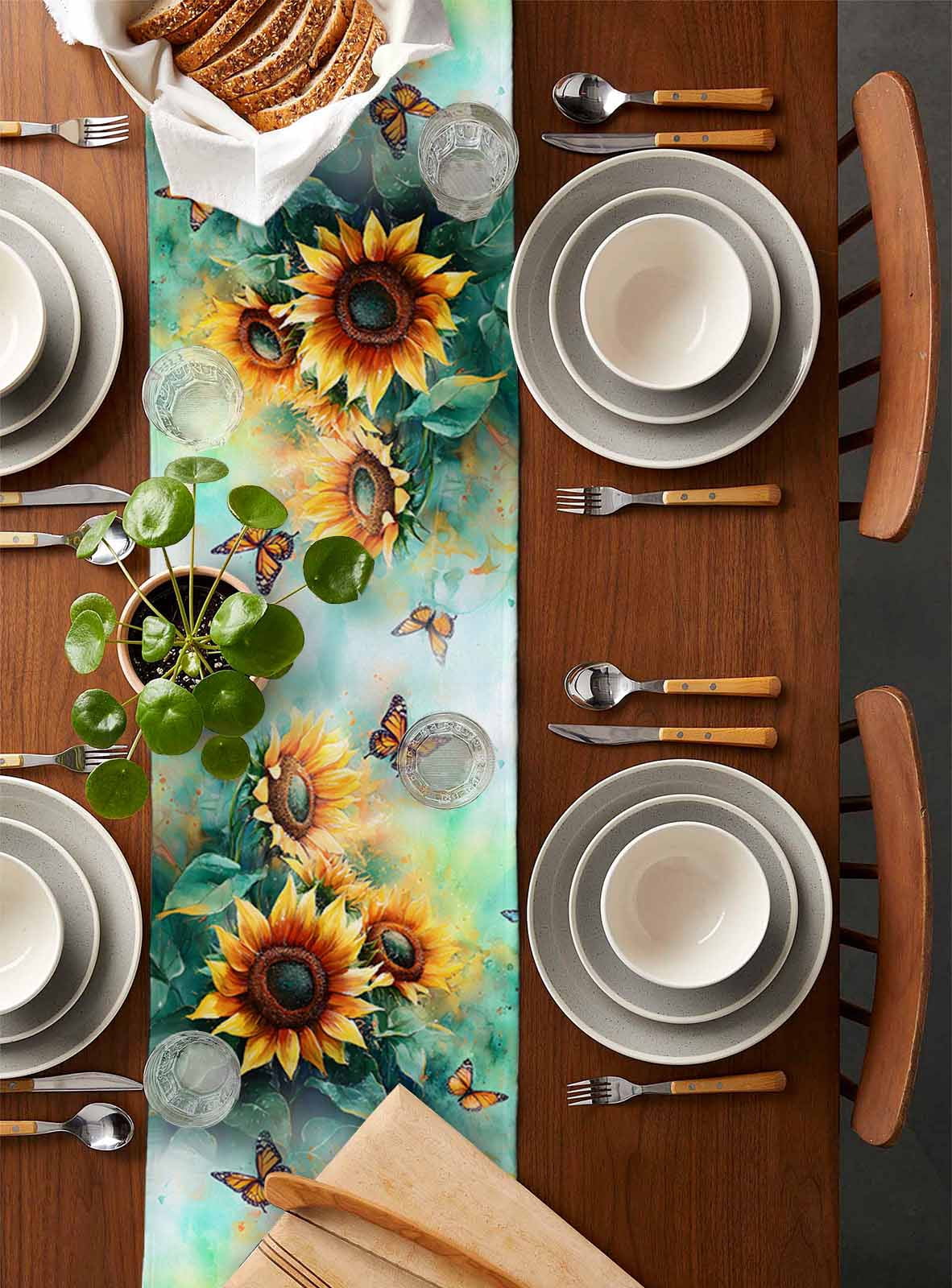 Table Runner Dresser Scarf 18 x 72 Inch Watercolor Sunflower Floral Butterfly Teal Green Leaf Table Runners Non-Slip Heat Kitchen Dining Table Decor for Indoor Outdoor Home Party Decoration