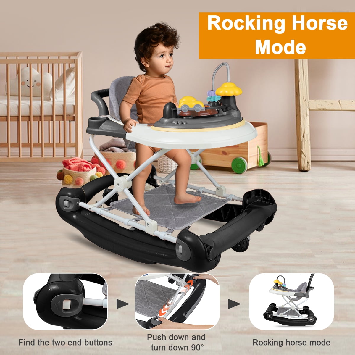 FACNOATIHN 5-in-1 Baby Walker, Musical Activity Push Walker with Detachable Awning Footrest, Adjustable Height, Black