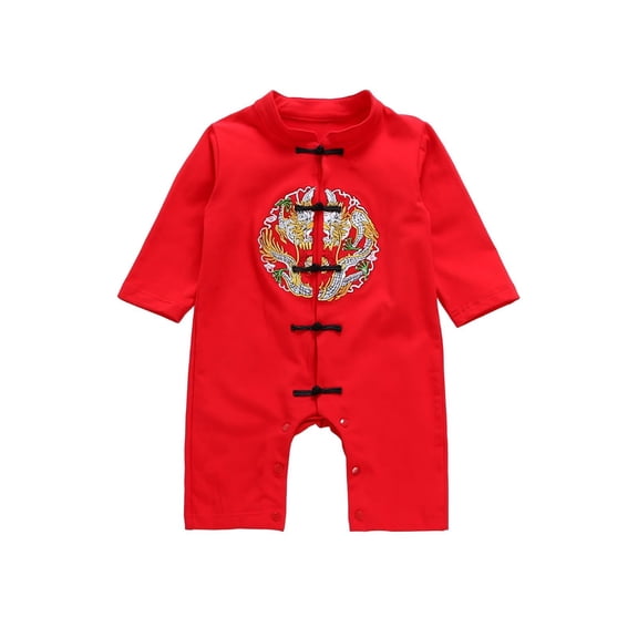 Otqutp Baby Long Sleeve Jumpsuit Chinese New Year Traditional Outfit Newborn Stand Collar Button Crawling Suit for Boys Girls