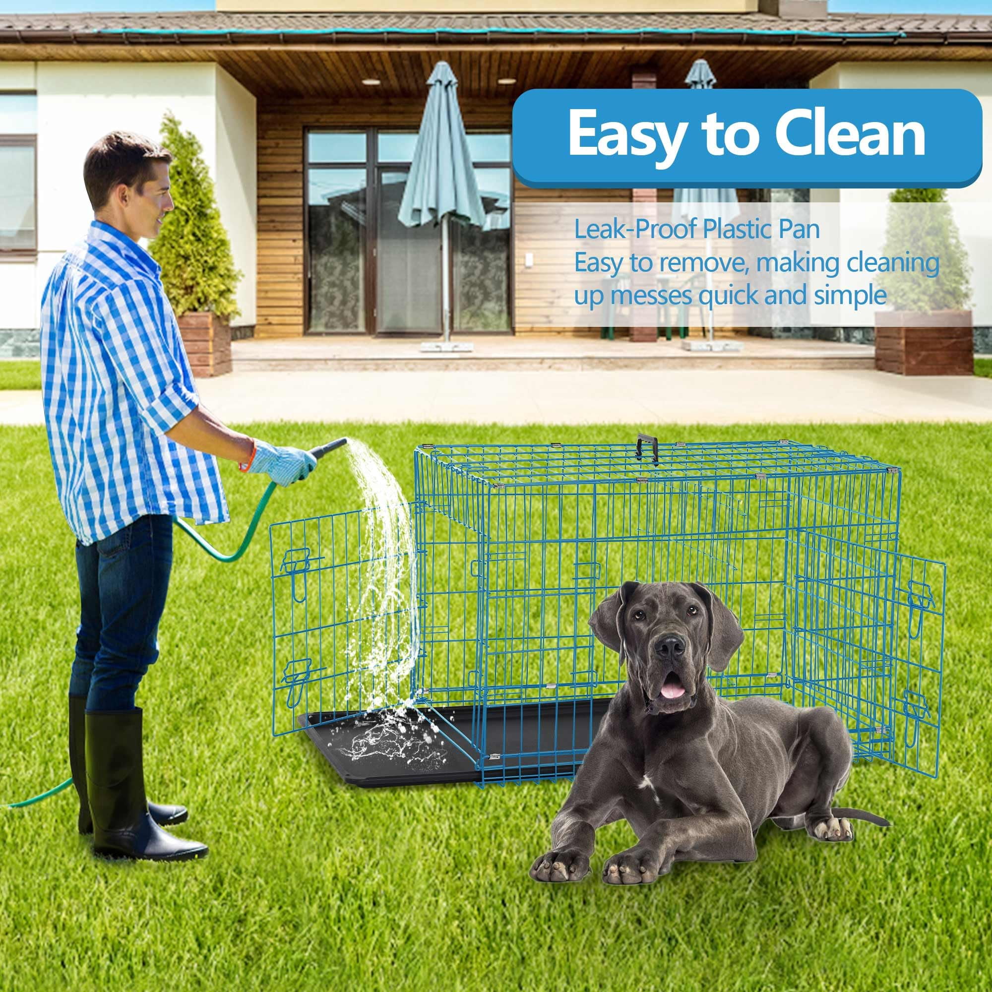 Heavy Duty XXL Dog Crate 48 Inch Metal Wire Folding Cage for Large Dogs, Removable Tray Double Door Divider Panel Handle, Pet Kennel Indoor Outdoor Use, Blue