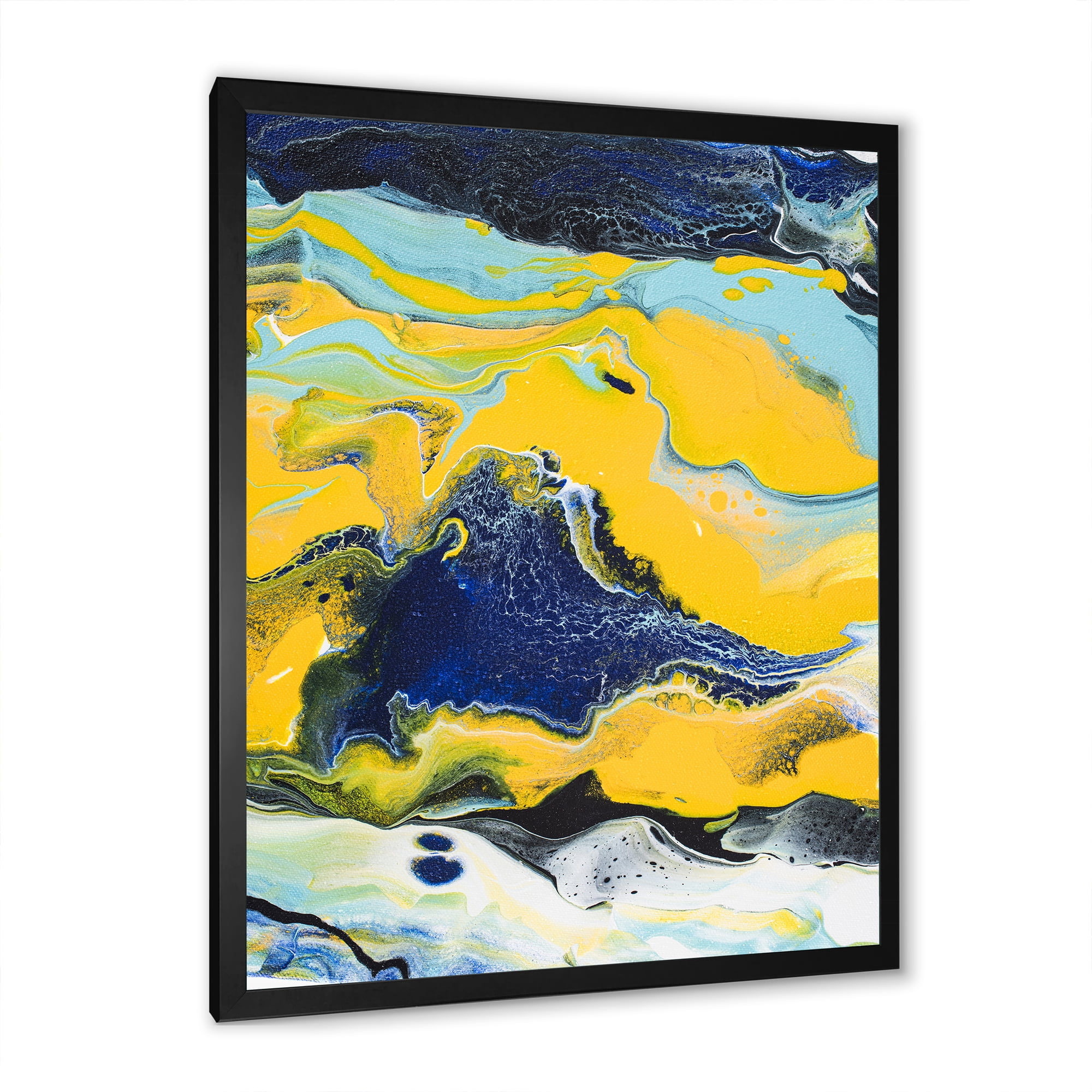 Designart 'Abstract Marble Composition In Blue and Yellow I' Modern Framed Art Print