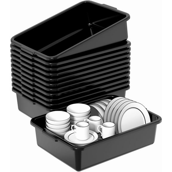 12 Pack Black Plastic Bus Tubs, 13L, 17.1" x 12.7" x 4.7", Food Service Tub