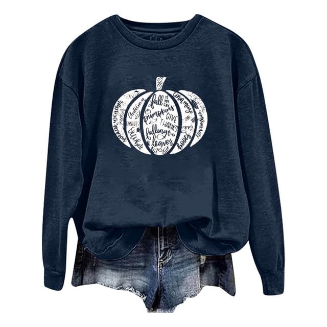 Arlun,Halloween Chandails en Molleton Citrouille 2025 Mode Automne Femmes Grande Taille Chandails à Lettres Imprimées Hauts Coupe Ample Confortables Col Rond Manches Longues Manteau Hauts Sans Capuche Bleu Marine P