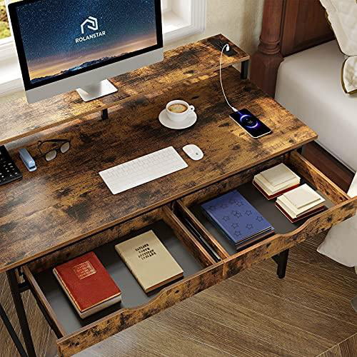 Black 39 Home Office Writing Desk with Monitor Stand Workstation Table with Stable Metal Frame Rolanstar Computer Desk with 2 Drawers and Power Outlet