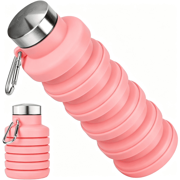 ACDANC Collapsible Water Bottle,16Oz Portable Reusable Silicone Water Bottle with Carabiner for Gym,Travel,Camping,Hiking,Sports,Lightweight,Bpa-Free,Leak-Proof,Foldable Design,Pink