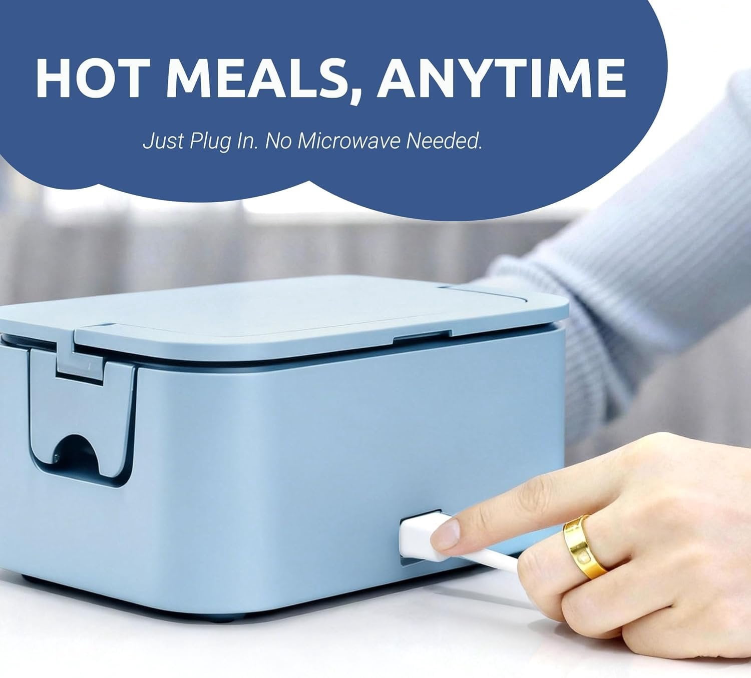 Portable 4 Cup Electric Heated Lunch Box, 33oz  Warmer for Work& Travel, Leak-Proof  Lid, Foldable Carry Handle, Removable Stainless-Steel Container & Detachable Power Cord, Blue