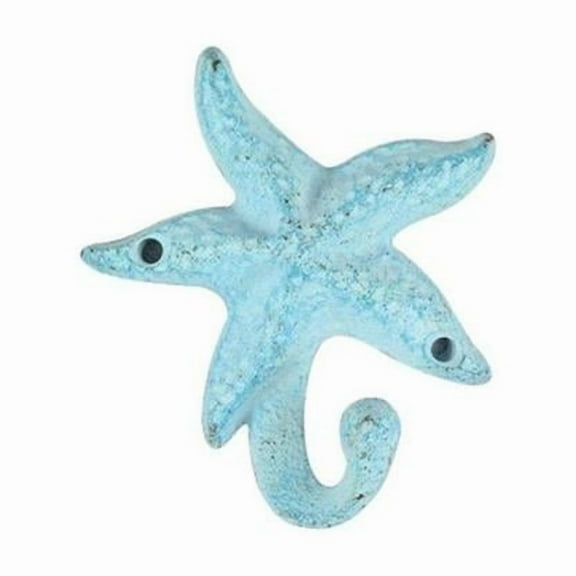 Handcrafted Decor K-1112-starfish-dark blue Dark Blue Whitewashed Cast Iron Starfish Hook- 6 in.