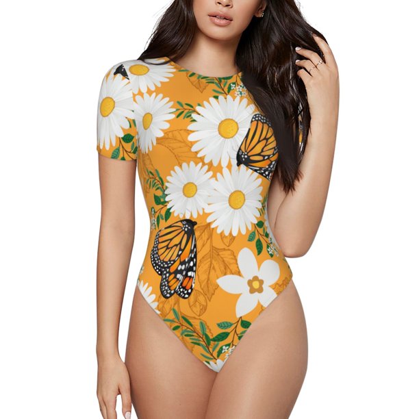 Balery White Floral and Butterflies Body de cuello redondo de manga corta para mujer Tops de manga corta Tops básicos-Large
