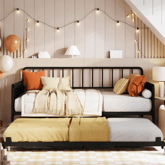 LIKIMIO Twin Daybed with Trundle, Charging Station, LED Lights & Storage Bags, Sturdy Metal Sofa Bed for Bedroom/Guest Room