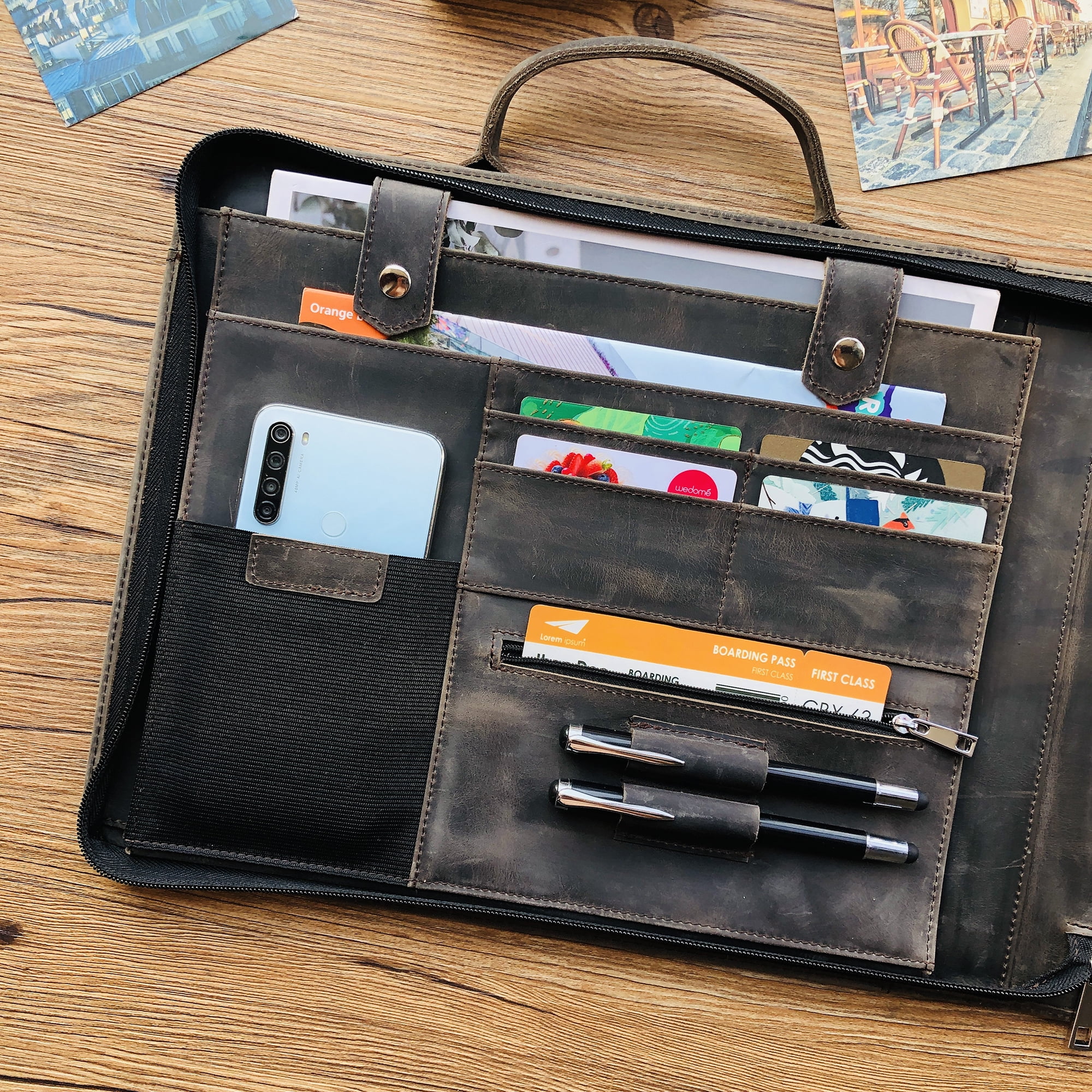 7 Ring Check Binder Cowhide Leather Check Portfolio for 3-Up Business Checks, Check Book Binder with Handle, Zippered Check Holder with 500 Check Capacity, Personalized Checkbook
