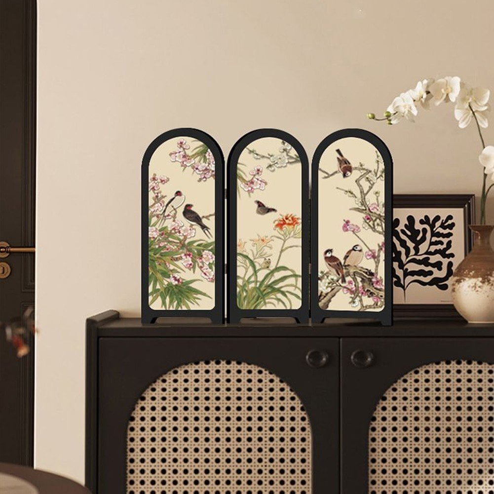 Jiibva Mini Folding Screen, 3 Panel Divider, Chinese Style Vintage Desktop Folding Screen Feng Shui Ornaments for Home Office New Year Decoration