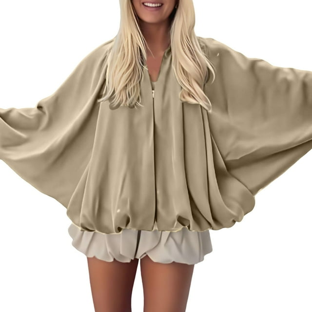ManxiVoo Veste Matelassée Surdimensionnée pour Femmes Mode Manches Chauve-Souris Manteau Col à Revers Fermeture Éclair devant Style Décontracté de Rue L Taille Kaki