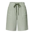 thumbnail image 5 of Lightweight Denim Shorts Women New Women’s Linen Striped Shorts, Elastic Waist Drawstring Casual Beach Bottoms, Loose Knee Length Bermuda Shorts with Pockets Green XXL, 5 of 6
