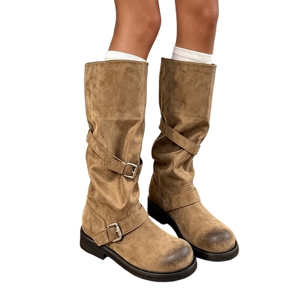 Xfvqtps Vintage Mid Calf Boots for Women Pull on Round Toe Thick Sole Buckle Strap Faux Leather Tall Boots