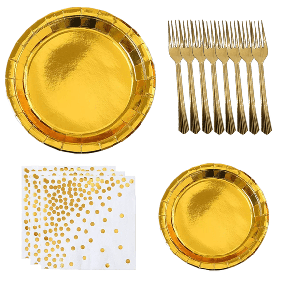80 Pcs Gold Paper Plates Party Supplies for 20 Guests Disposable Party Decorations Dinnerware Golden Dot Napkins Gold Plastic Forks for Wedding Birthday