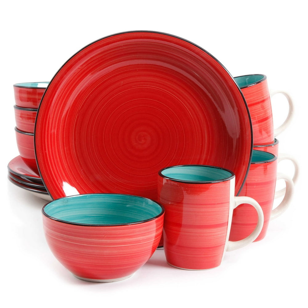 Color Fling 12 pc Dinnerware Set Red/Turquoise Hand Painted