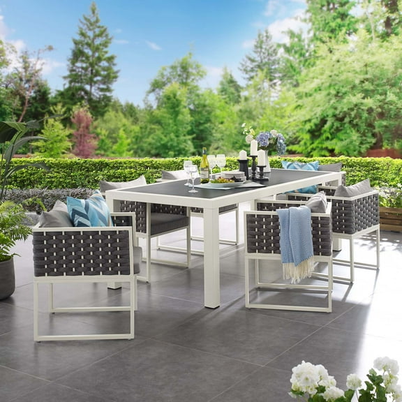 Modway Stance 7 Piece Outdoor Patio Aluminum Dining Set in White Gray