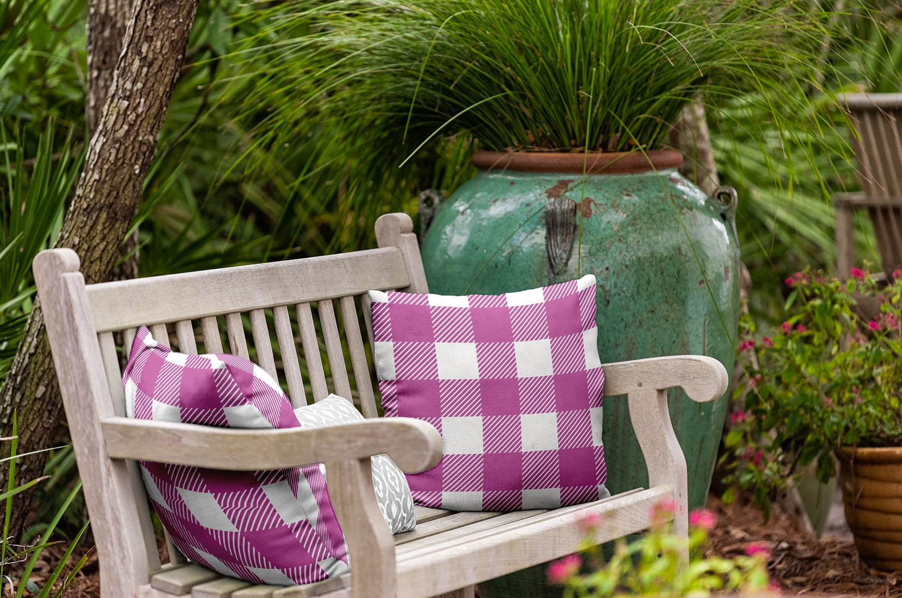20" x 20" Simply Daisy Buffalo Plaid Polyester Indoor/Outdoor Pillow, Orchid Qty 1