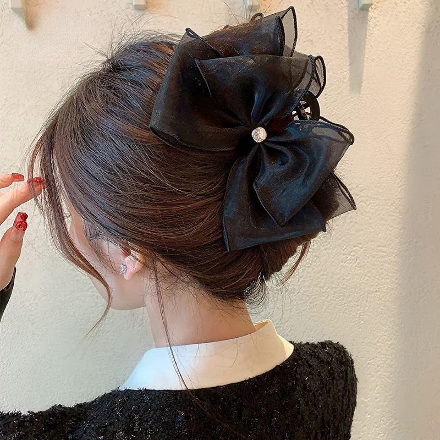 Black mesh bow grab clip, high-end temperament, back of the head, coiled hair, and shark clip Flash diamond-mesh black bow grip