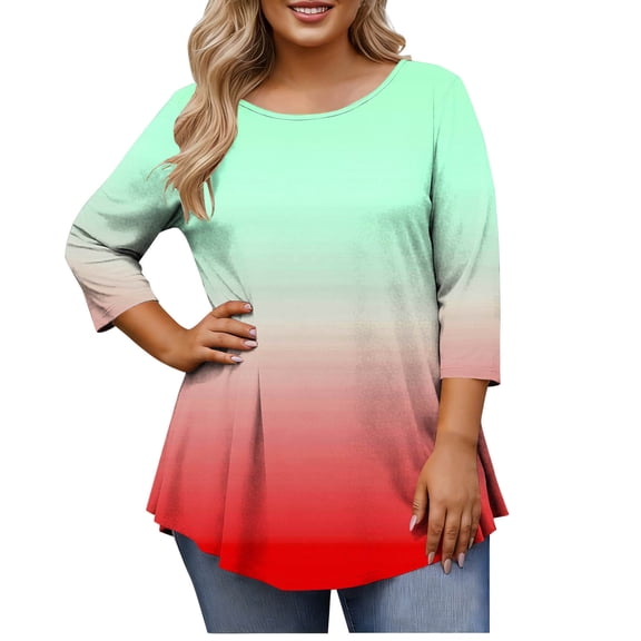 Htigea Plus Size Crew Neck 3/4 Sleeve T Shirts for Women Casual Loose Fit Tunic Tops Gradient Color Pullover Tee Red XL