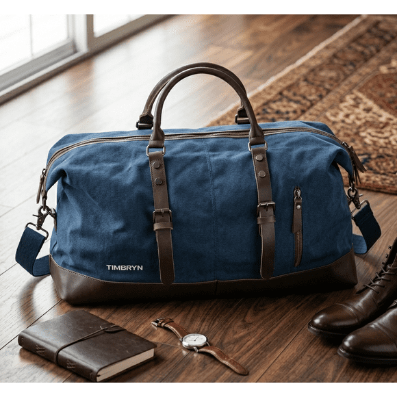 Large Canvas & PU Leather Weekend Duffle Bag – Men's Vintage Travel Carry-On (Blue)