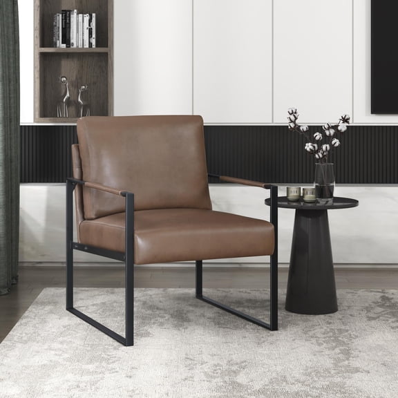 Modern Faux Leather Accent Chair with Black Metal Frame, Brown