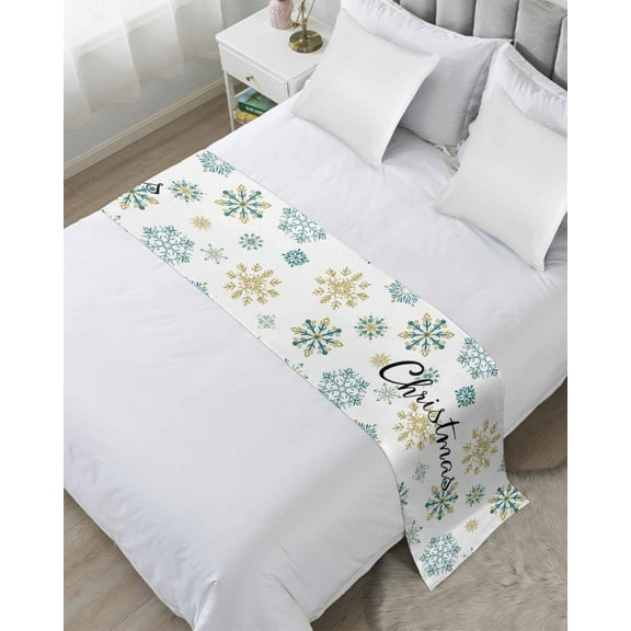 Teal Yellow Snowflake Christmas Bed Runner for King Size Bed, Xmas Snowflake Bedspread Protector Slipcover Bed Scarf for Foot Bed Runners & Scarves for Bedroom Hotel Wedding Room 102x20 Inches