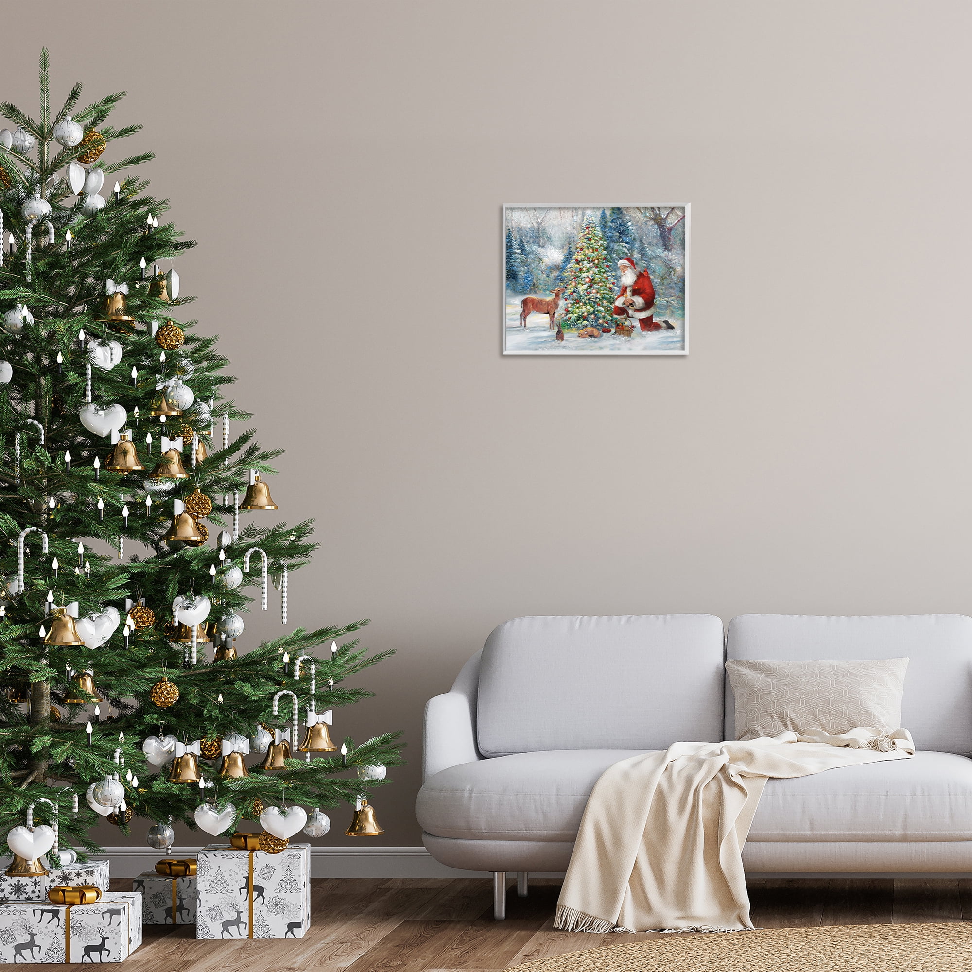 Stupell Industries Santa & Baby Deer Holiday Painting White Framed Art Prints Wall Art, 20 x 16
