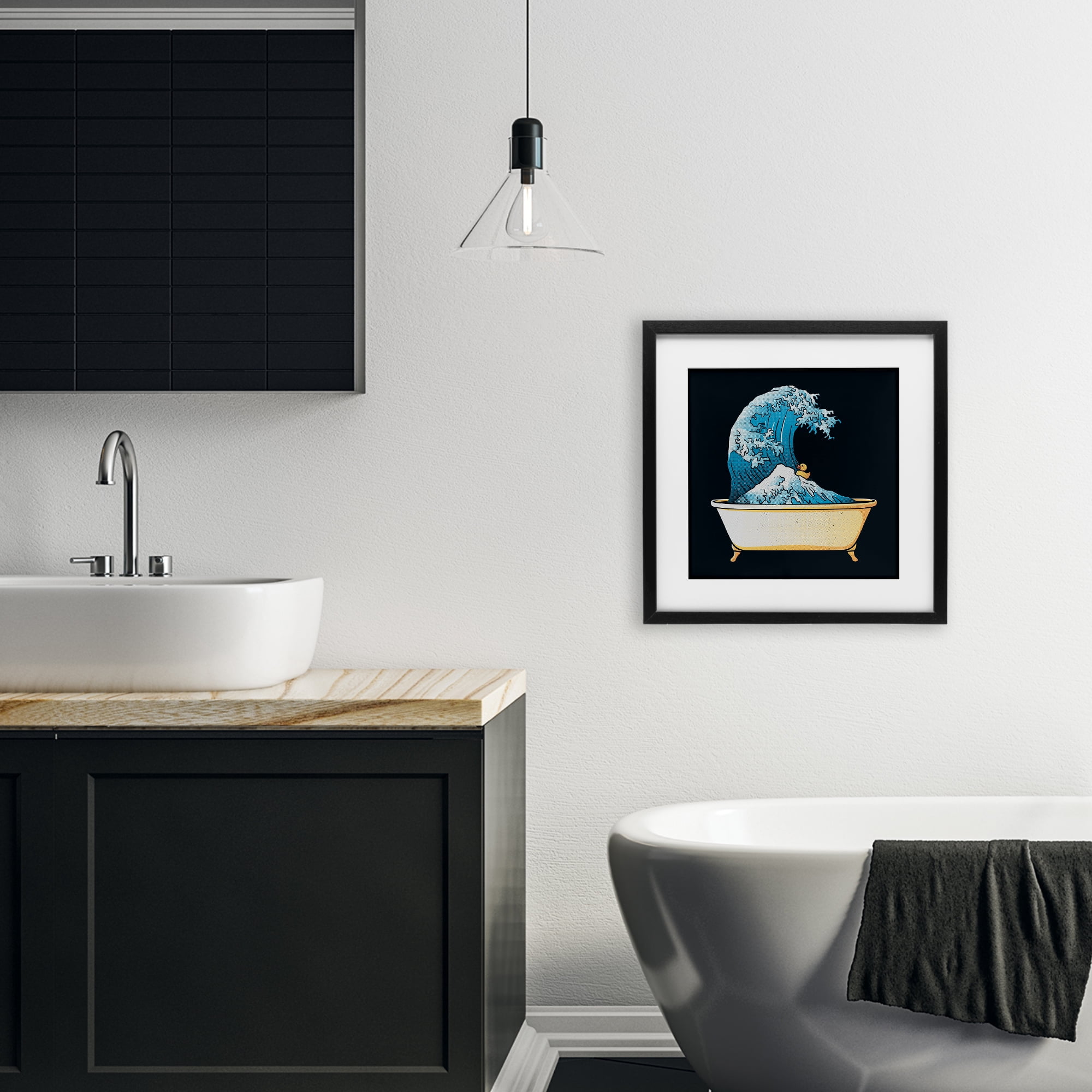 Stupell Industries Bathtub with Kanagawa Wave Black Framed Print Under Glass, design by Tobe Fonseca