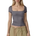 thumbnail image 2 of Nmnitkp Tops for Women Trendy Square Neck Short Sleeve Layer Tops Basic Slim Fit Going Out T Shirt Dark Gray,L, 2 of 6