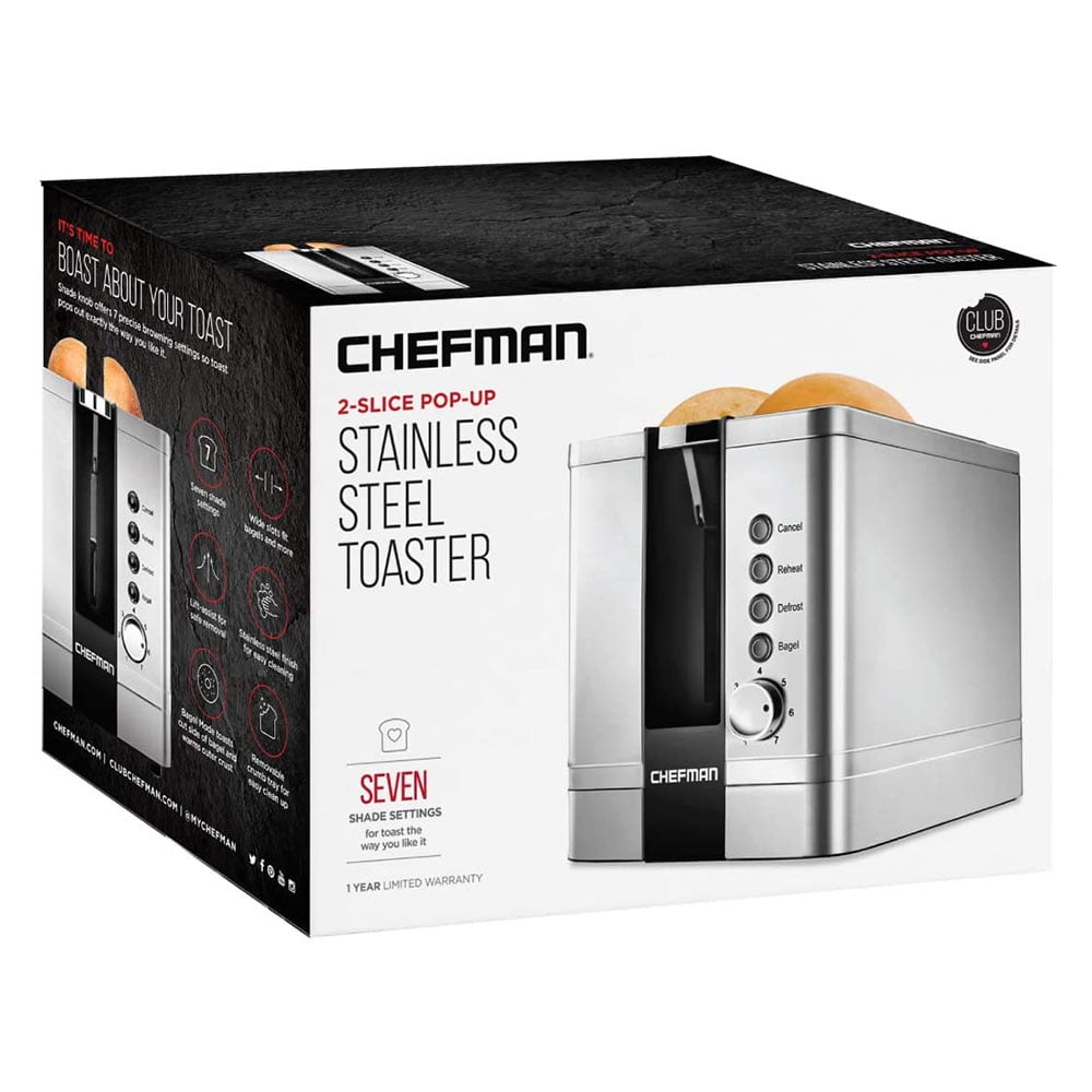 Chefman 2-Slice Pop-Up Stainless Steel Toaster 7 Shade Settings Extra Wide Slots