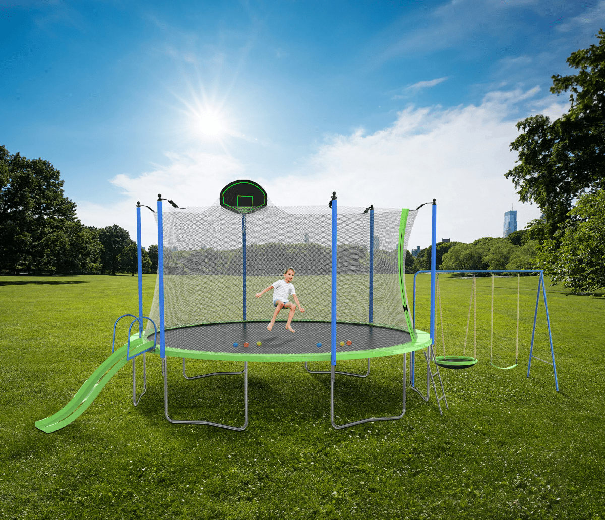 SOGES 12ft Trampolines with Slide and Swing, Basketball Hoop, 4–7 Kids