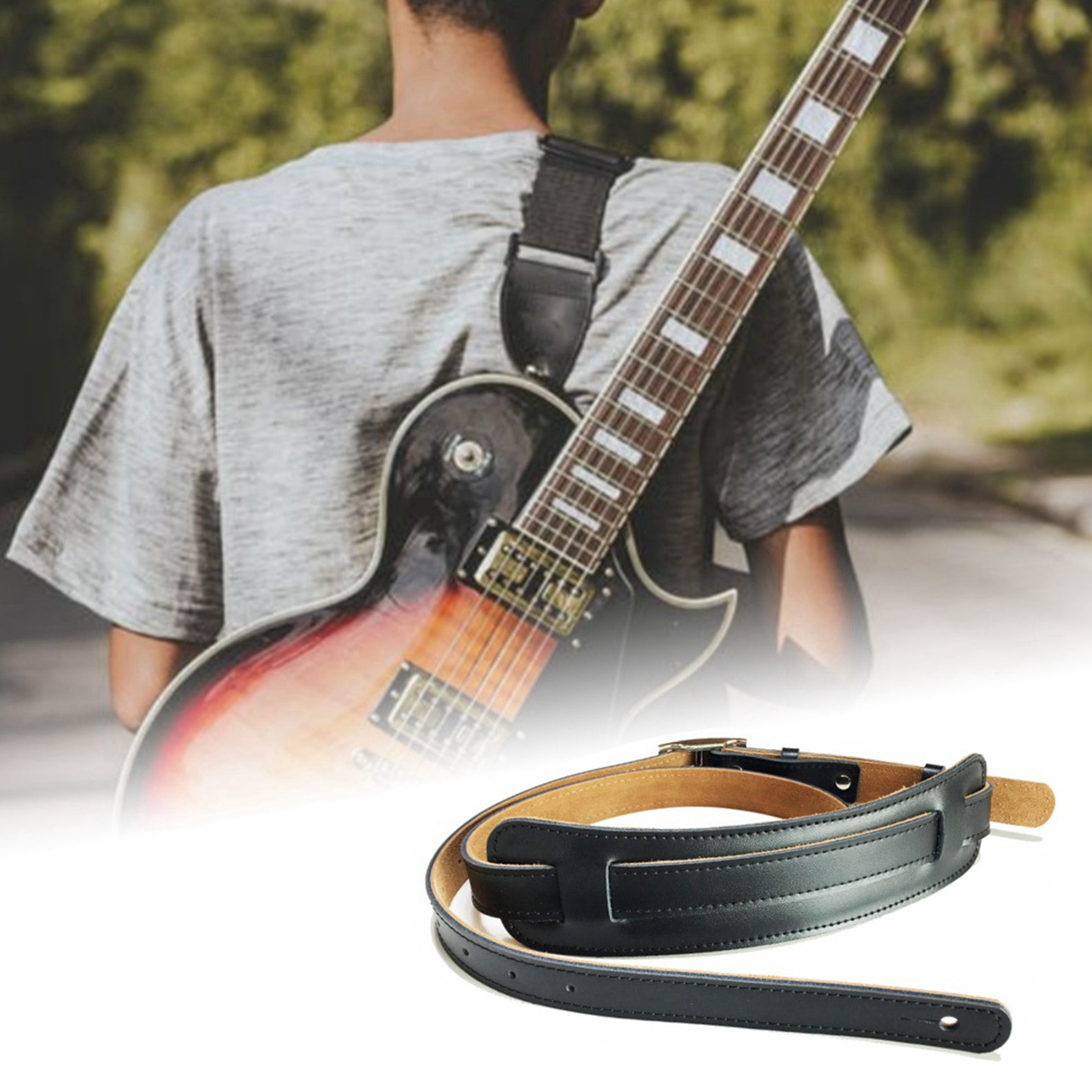 2x Leather and Metal Buckle Electric Guitar Strap Belt Shoulder Pad Adjustable Guitar Straps-White Color & Black Color