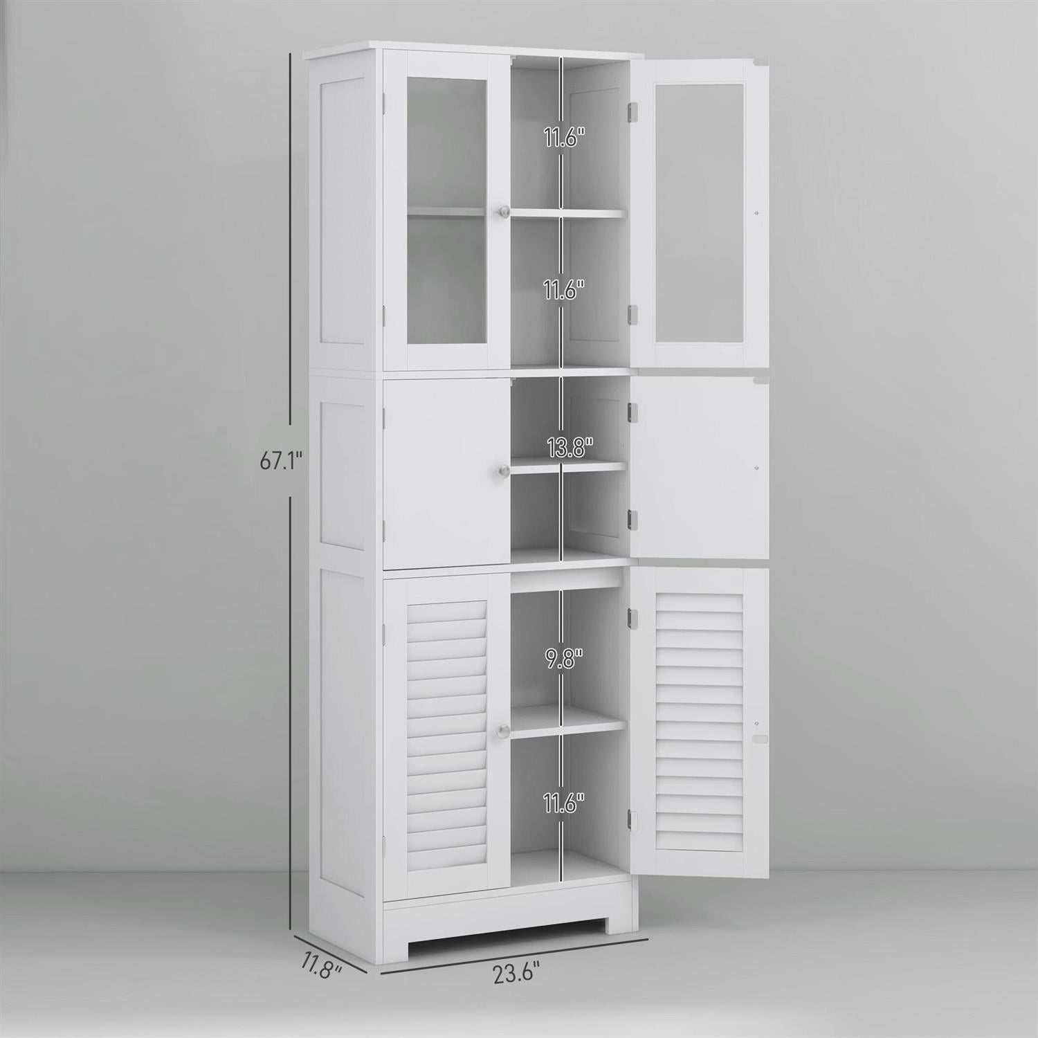 Demi Bonn 67" Tall Bathroom Storage Cabinet with Glass & Louvred Doors Adjustable Shelf Cabinet for Modern Spaces, White