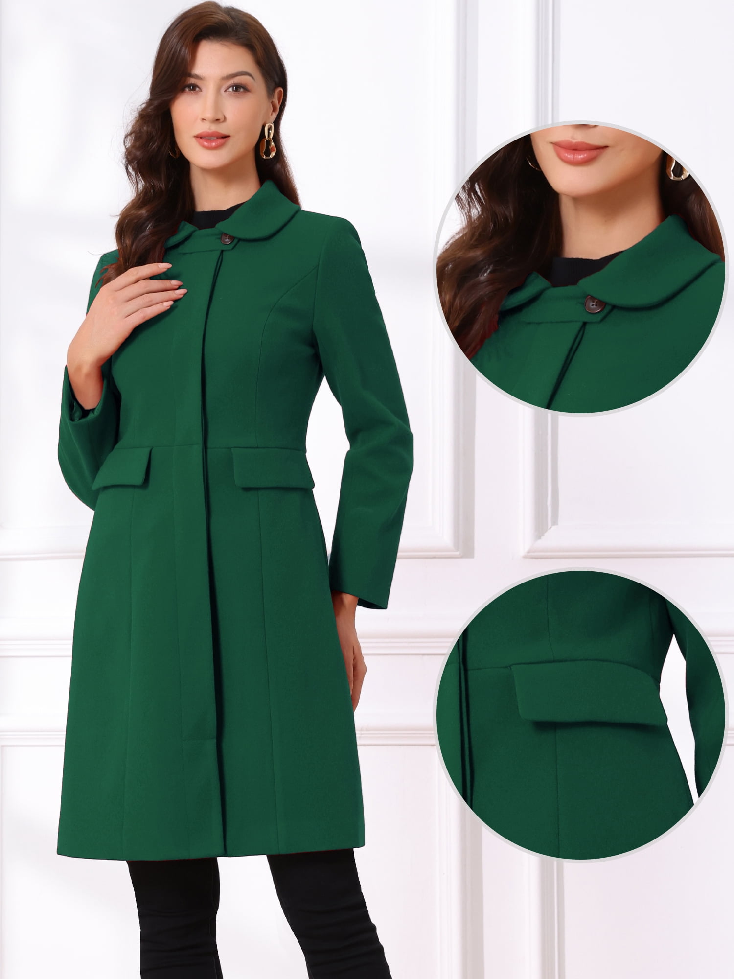 DARING DIVA Women's Trench Peter Pan Collar Single Breasted Long Pea Coat XL Dark Green