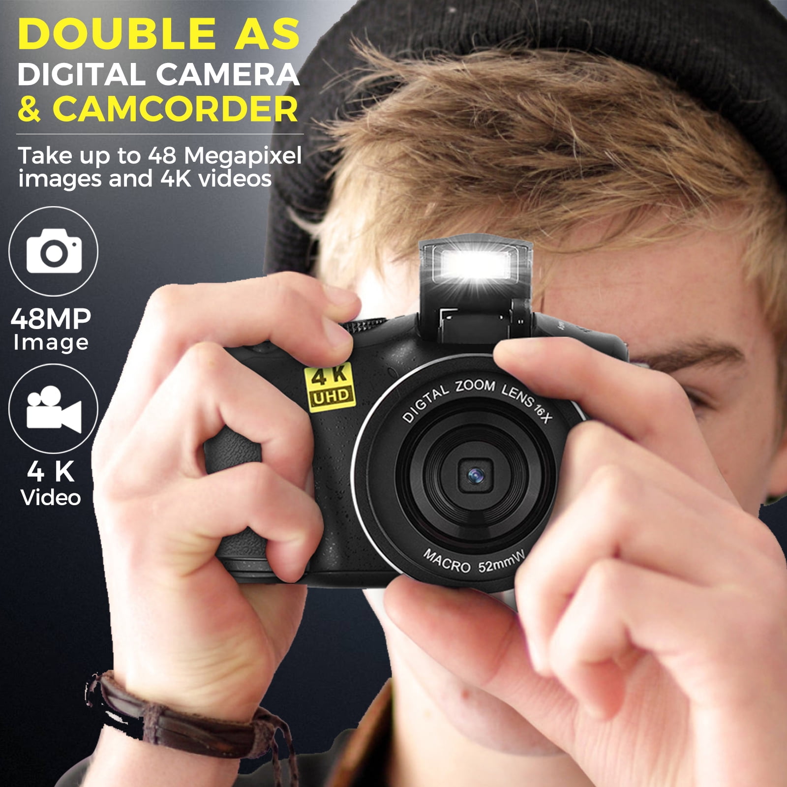 Digital Camera 48MP 4K Full HD Camcorder Vlogging Camera for YouTube 3.0 Inch Screen Compact Camera for Beginners Teens Photography with Rechargeable Battery