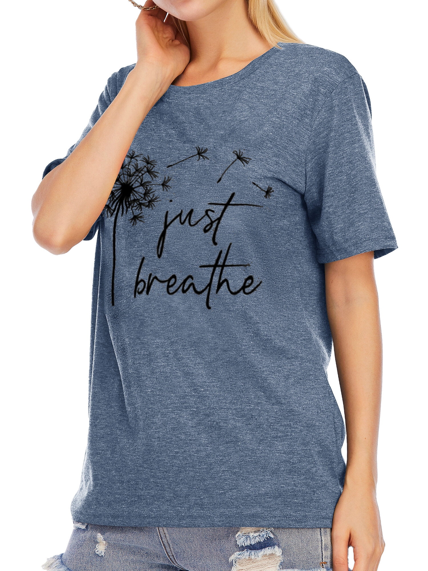 Women's Just Breathe Dandelion Graphic T-Shirt – Soft, Casual, Short Sleeve Top (Blue, Small)