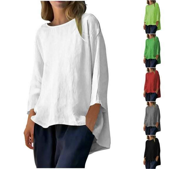 Olyvenn Womens Oversized 3/4 Sleeve Tshirt, Plus Size Tops Loose Fit Basic Crew Neck Tee Trendy Summer Business Casual Tops Green S