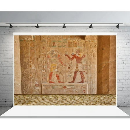 Image of GreenDecor Egyptian Wall Painting Background 7x5ft Photography Background Hatshepsu Temple Nile Egypt Hieroglyphics Stone Wall Color Carving Mural Photographic Decoration Party Event Backdrop