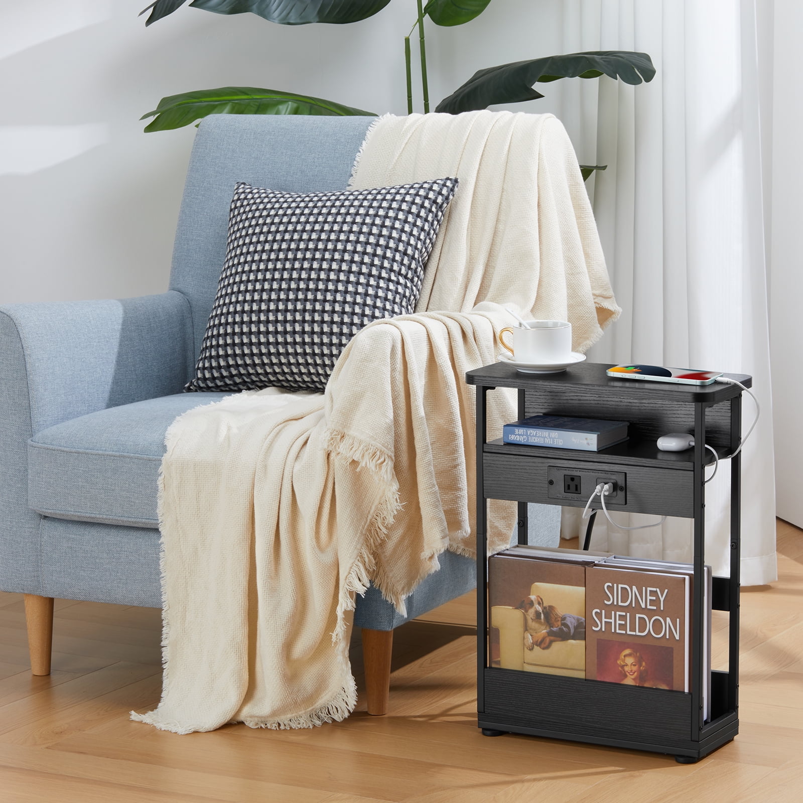 Narrow Side Table with Charging Station, 3 Tier Slim End Table with Storage Shelf for Small Spaces, 21.6 Inch Height Thin Tables Small Nightstand Magazine Rack for Living Room,Black