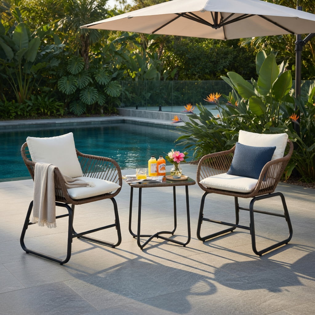 Hommoo 3-Piece Outdoor Rattan Bistro Set with Cushions, Weather-Resistant PE Wicker Armchairs + Tempered Glass Table for Patio, Balcony, Poolside, White