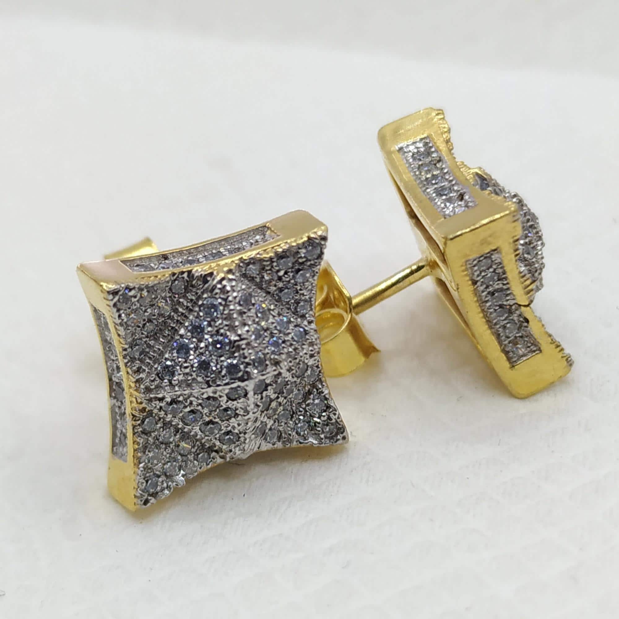 14K Yellow Gold Plated Brass 1Ct Round Cut Clear CZ Men's Square Stud Earrings, Micro Pave CZ Stud Earrings Kite Shape Square Stud Earrings