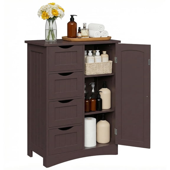 SuperDeal Wooden Freestanding Floor Cabinet Storage Organizer/Shelf with 4 Drawers and 1 Cupboard, Brown